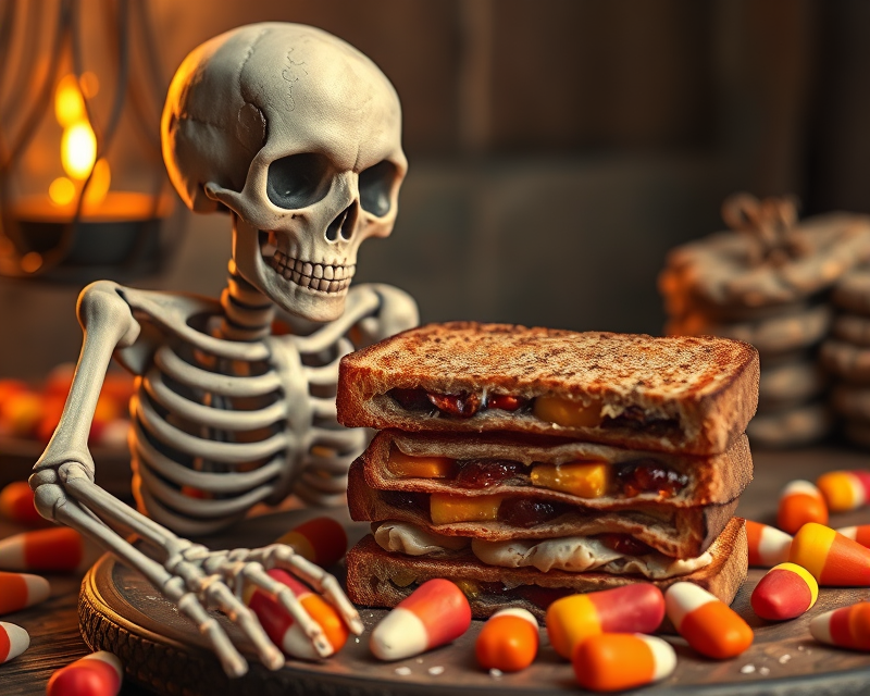 toast, skeleton, candy corn